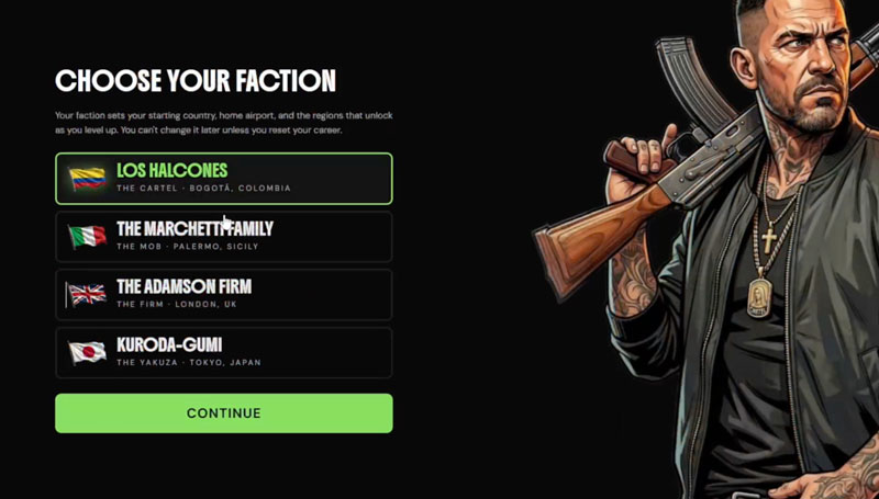 Choose your faction screen in FS Kingpin: Los Halcones, the Marchetti Family, the Adamson Firm, and Kuroda-Gumi